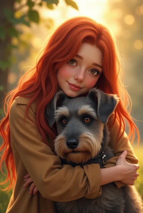 Create a 20-year-old red-haired girl with honey eyes hugging a medium-sized gray schnauzer