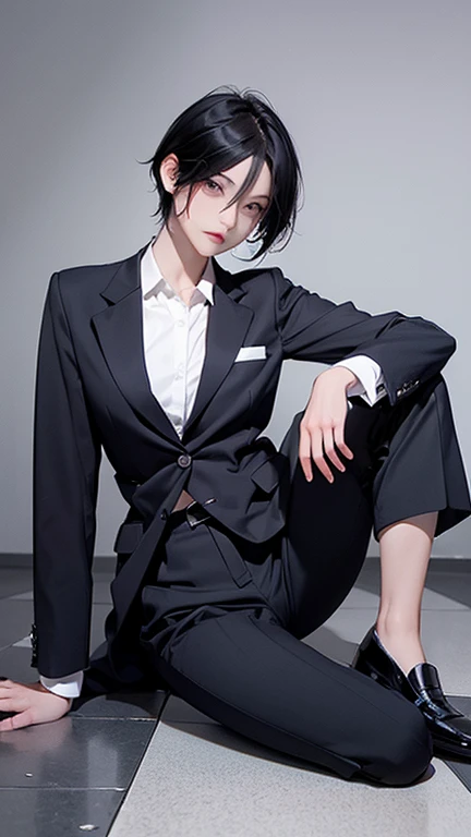 bra、older sister、cool、slender、Black Hair,、Short Hair、In a suit、pants、Sitting on the floor、
