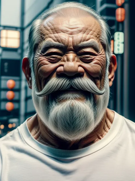 a muscular old man with a mustache and beard, (japanese man:1.3), wearing a white t-shirts, shorts, smile, standing in a croud c...