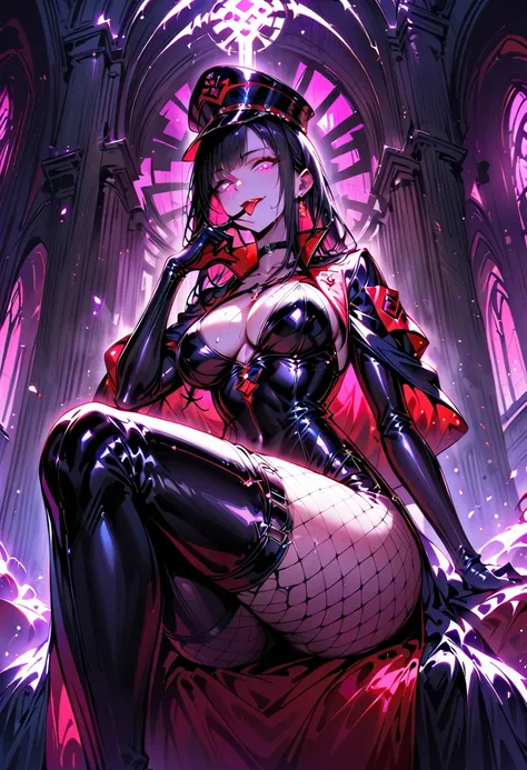 Mature beautiful woman,(Highest quality,Extremely detailed depiction,Incredibly absurd high resolution,Anatomically accurate depiction,Curvy Legs,Shiny skin,Porcelain-like skin),(Female Leader of an Evil Organization:1.5),(Latex Military Costume,A shiny bo...