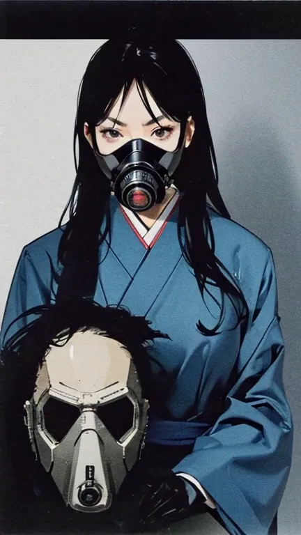 Black Hair、Cold look:1.5、Japanese woman in her 30s、Dark Background、One Cool Lady:1.5、Sharp Eye、night、whole photo、villain、bad expression、Woman wearing a gas mask、Long Hair、Dark Eyes