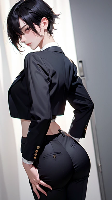 bra、older sister、cool、slender、Black Hair,、Short Hair、In a suit、pants、Ass、backview
