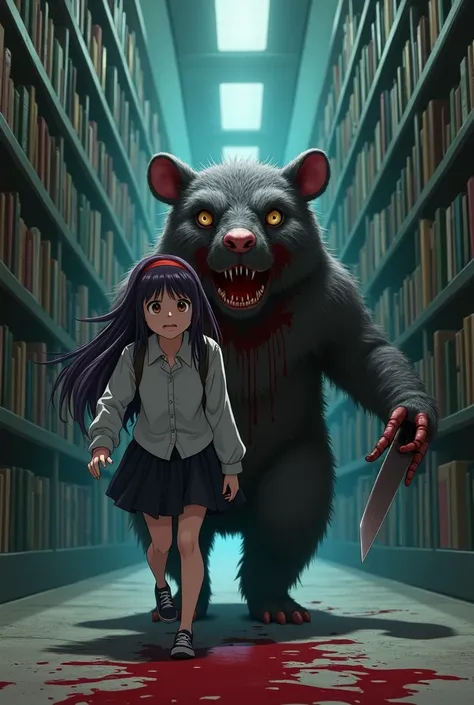 May ((A female student with long, dark purple hair that reaches the middle of her back. She always wears a red headband. She have a brown eyes color. She is wearing a long-sleeved shirt and a black skirt.)) The mole mascot ((A scary mole mascot costume, a ...