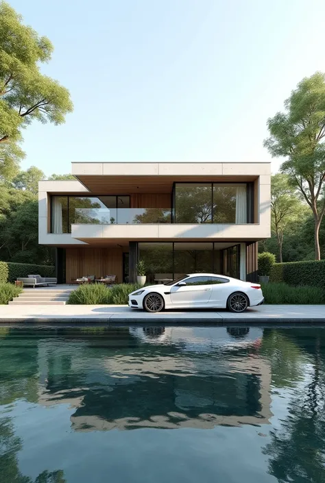 
‏a modern villa , exterior view , a car is parked in front of a modern villa, realestic architecture , concept house    , high quality rendering , luxury architecture , realistic physical rendering , modern minimalist house , ,
Reflective in pool