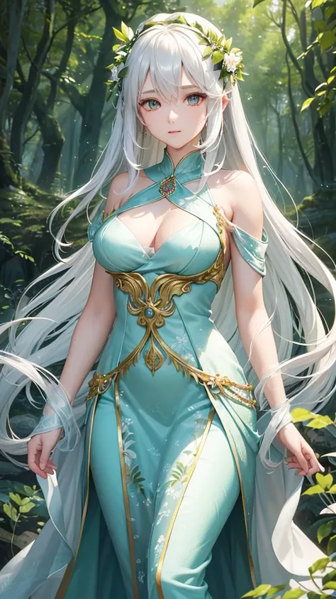 "Create a digital anime style illustration of a beautiful forest goddess。, Flowing white hair. She should wear a detailed all-over white dress decorated with leaf and floral patterns., Perfect for a fantasy theme. The design should expose less skin, Especi...