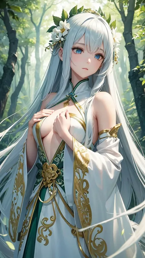 "Create a digital anime style illustration of a beautiful forest goddess。, Flowing white hair. She should wear a detailed all-over white dress decorated with leaf and floral patterns., Perfect for a fantasy theme. The design should expose less skin, Especi...