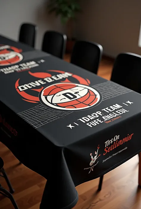 Make a tablecloth for a club called DREAM TEAM with a logo that says DT and also shows the city called TACNA and the tablecloth has a black background.,  The tablecloth is for the sport VOLLEYBALL so it has to contain something on the tablecloth that is ab...