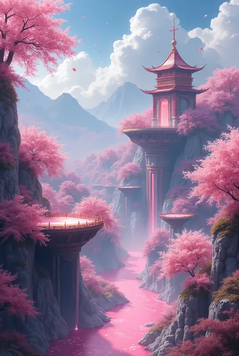 A vast and magical kingdom of the Sakurianas set in 2000 B.C. in China. The kingdom is located within a sprawling forest of Sakura trees, with petals constantly falling, creating an enchanting atmosphere. The trees are vibrant, with blossoms in various sha...