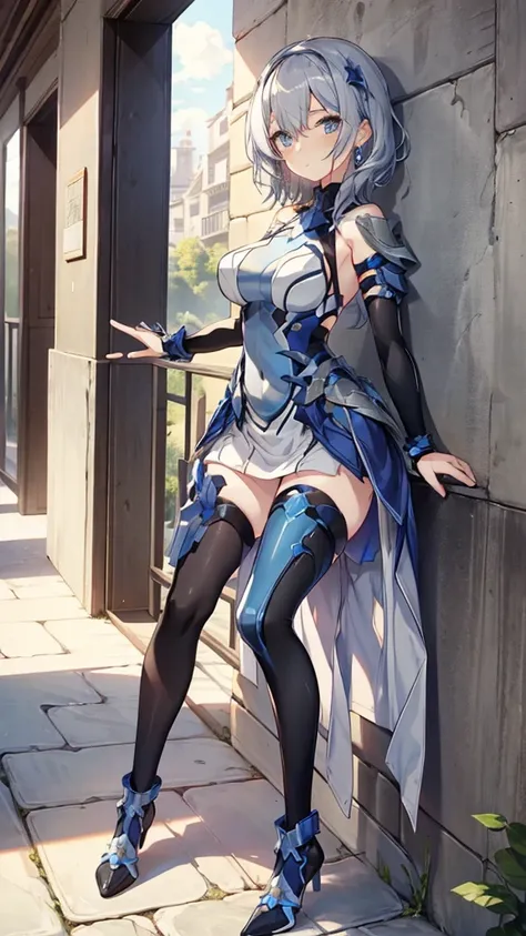 ((full body)),teenage girls in anime, blue and grey metal armor, blue hand and thigh accessories, short dark blue-gray hair, hai...