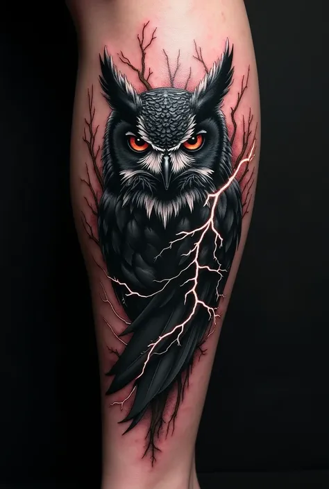 An black owl and lightinings tattoo design  on calf 
