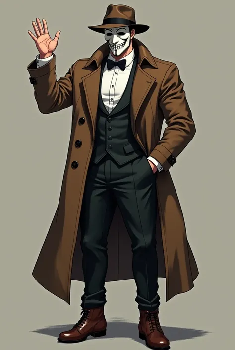  anime man in tuxedo, a brown trench coat that reaches to the knees with black details, rustic boots, a cloth fedora hat and a plague doctor mask, the mask is white and looks intimidating, that he is a little muscular but not overly so, waving with one han...