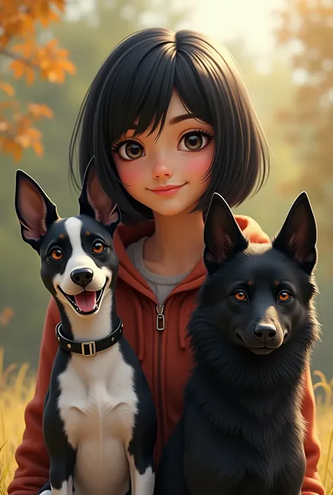 Young American woman short straight black hair with 2 dogs, an English bull terrier with a curved head and white fur with only one black ear and a totally black calupoh wolfdog