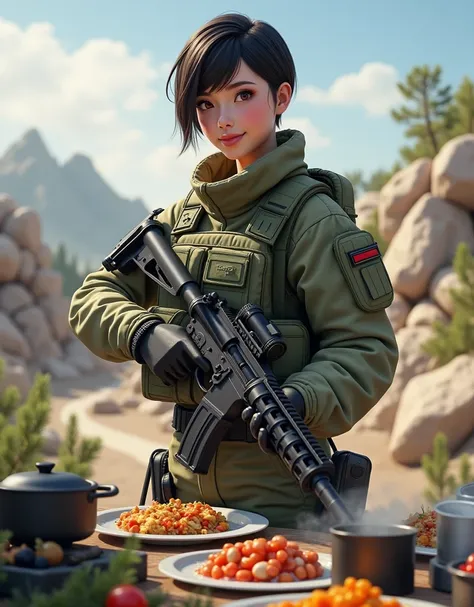 (Photorealism:1.2), Cute armed woman, Female soldier cooking food