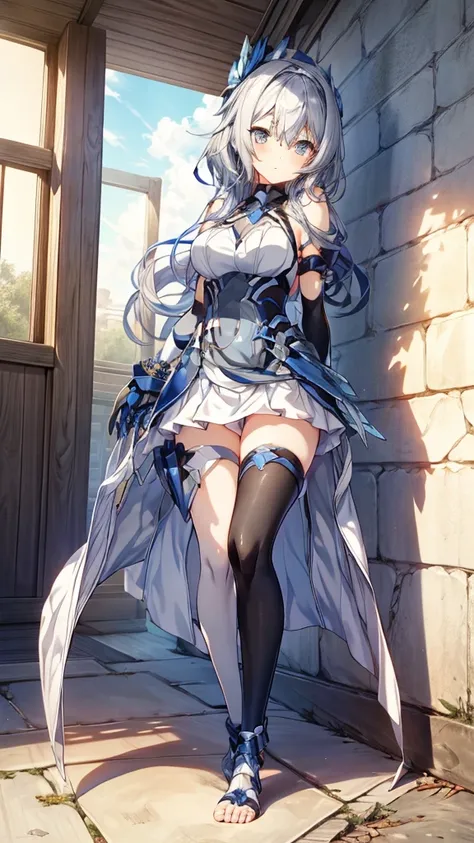 ((full body)),teenage girls in anime, blue and grey metal armor, blue hand and thigh accessories, short dark blue-gray hair, hai...