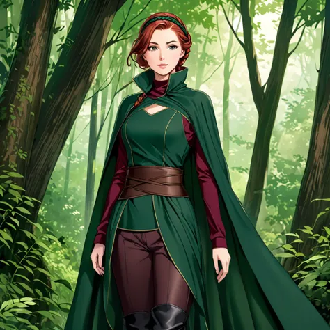 A tall, graceful woman with waist-length, wavy auburn hair tied back with a braided leather headband, wearing a practical ensemble of a fitted, long-sleeved maroon shirt with a high collar, dark brown trousers tucked into knee-high black boots, a wide, dar...