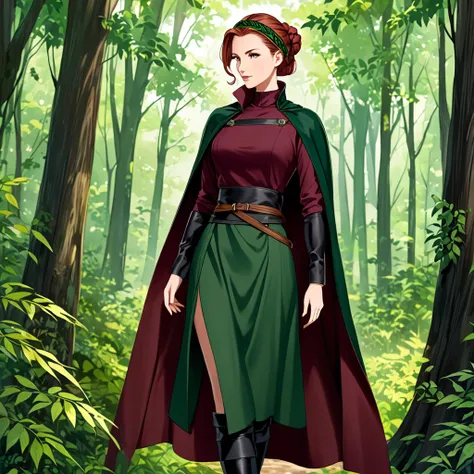 A tall, graceful woman with waist-length, wavy auburn hair tied back with a braided leather headband, wearing a practical ensemble of a fitted, long-sleeved maroon shirt with a high collar, dark brown trousers tucked into knee-high black boots, a wide, dar...