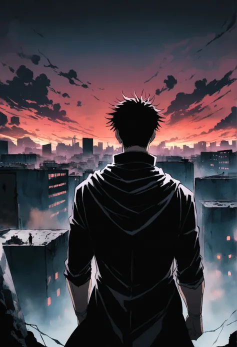 Jujutsu Kaisen character in a apocalypse city, top back view, anime, dark