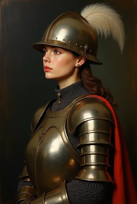 masterpiece, Baroque, high contrast, realism, Black background, rembrant painting style, Woman in armor, and metal helmet with feather, very bright, a lot of detail, old painting style, Baroque, oil painting, warm tones, Caravaggio,