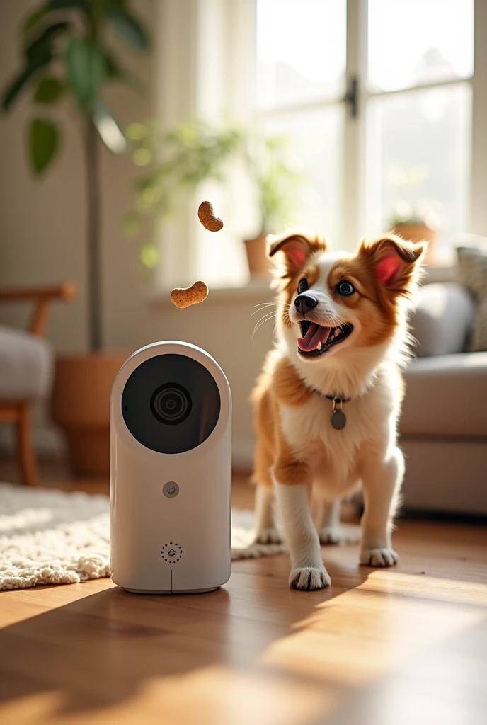 
A close-up of a Furbo camera launching a treat into the air, with a playful dog or cat eagerly waiting to catch it. The background is a bright and happy living room."
