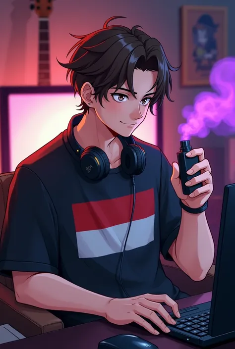 Anime cool chubby gamer guy brown eyes and brown hair smoking purple and yellow vape and a headphones on his neck wearing a cool black shirt with an indonesian flag in a gaming room in his pc with guitar