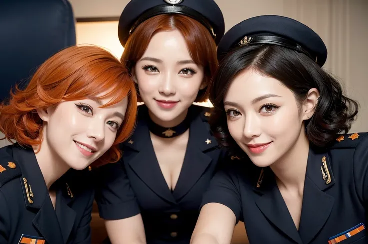 three sexy women in navy uniforms, looking at camera, cute smiles, happy opened mouths, goth eye makeup, close up faces portrait, short curly orange hair, view from below