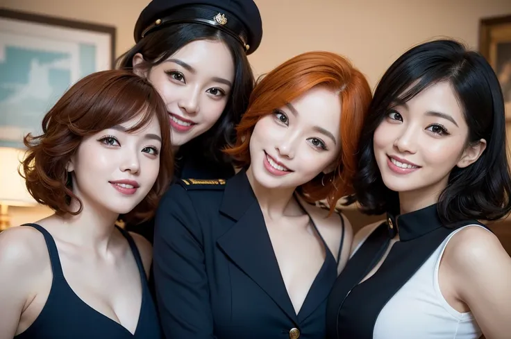 three sexy women in navy uniforms, looking at camera, cute smiles, happy opened mouths, goth eye makeup, close up faces portrait, short curly orange hair, view from below