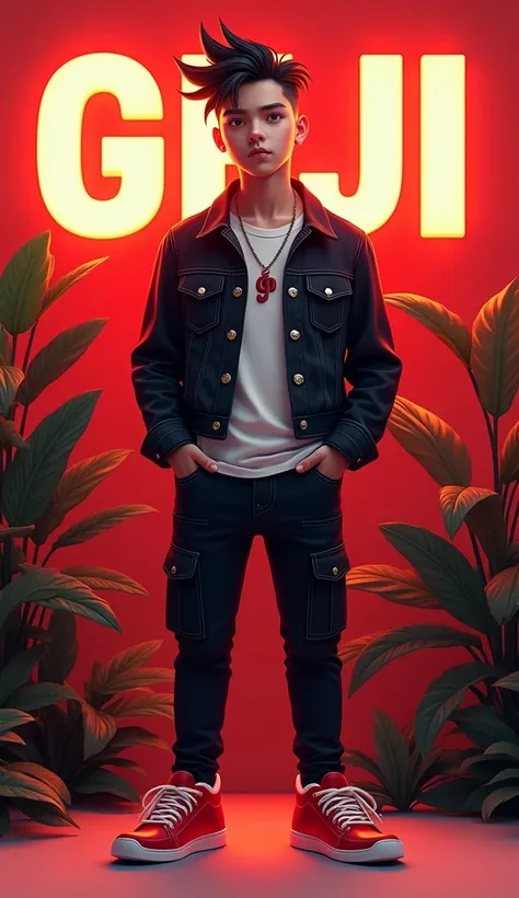 A 18 years boy modern hear style  wear a red colour ,   , background  in bold name "GEJI"  , black denim jacket , black cargo jean , , red shoes ,   ,  , realistic, background in flowering. Lighting plant, , modern style , "G" word  nackless in neck ,smile...