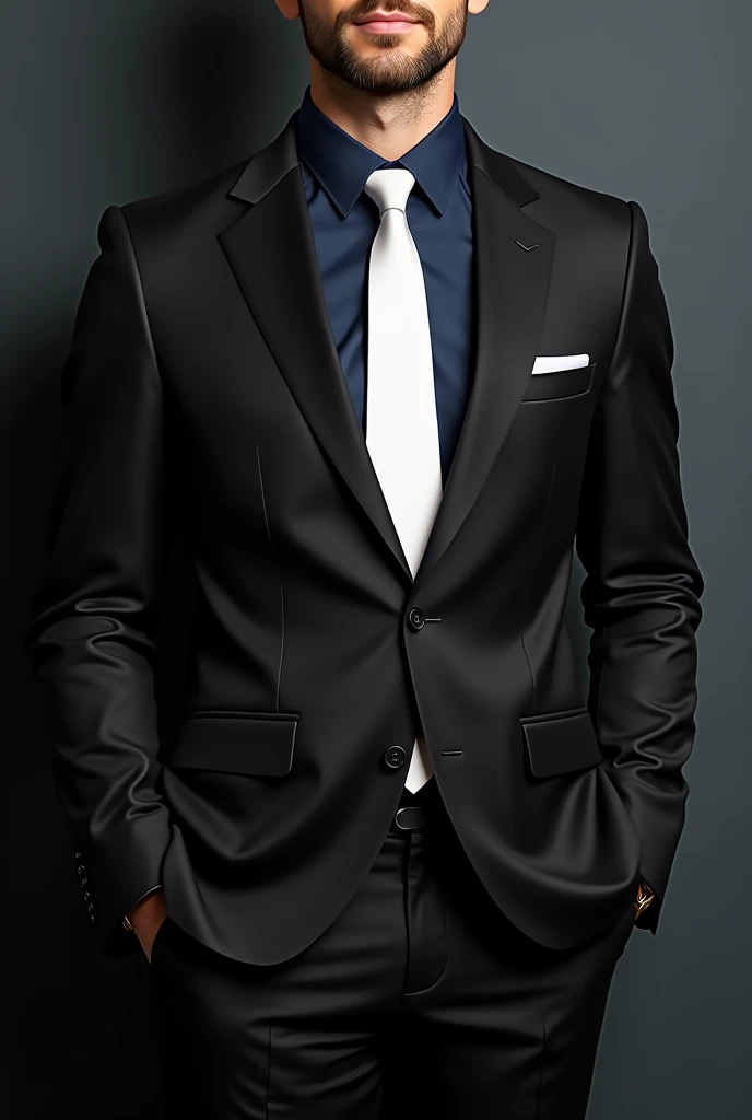 Suit: A classic black suit, tailored and well-fitted.Shirt: A dark blue dress shirt, slightly lighter than navy but still deep in color.Tie: A crisp white tie, contrasting with the dark suit and shirt.Accessories: Optional elements could include a white po...