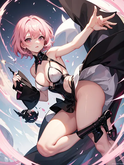 short pink hair, pink eyes and white skin, small breasts and curvy body, black gown