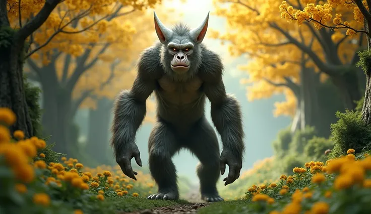 Front view，There is a wild beast in the osmanthus forest，Looks like an ape but has white ears，Standing and walking（best quality，4K，8k，High level，masterpiece：1.2），Ultra Detailed，（lifelike，Photo real，Photo real：1.37）