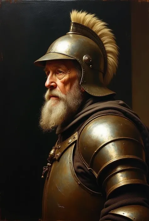 masterpiece, Baroque, high contrast, realism, Black background, rembrant painting style,  old man in armor, and metal helmet with feather, very bright, a lot of detail, old painting style, Baroque, oil painting, warm tones, Caravaggio,