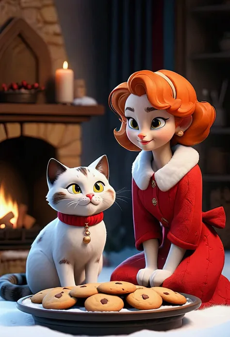 Winter Evening, a cozy room, warm house, stacking firewood, with a tray of freshly baked cookies in front, a young cat wearing casual clothes sitting front of a mature cat wearing red classy dress, talking smiling 