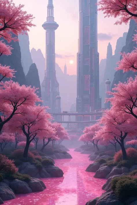 A vast and futuristic kingdom of the Sakurianas set in 2024 in China. The kingdom is nestled within an expansive, high-tech forest of Sakura trees, where petals continuously fall, creating a mesmerizing and otherworldly atmosphere. The Sakura trees are enh...