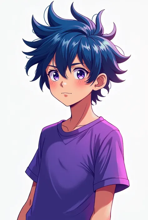 create A boy character with hairs and purple blue t shirt Anime 