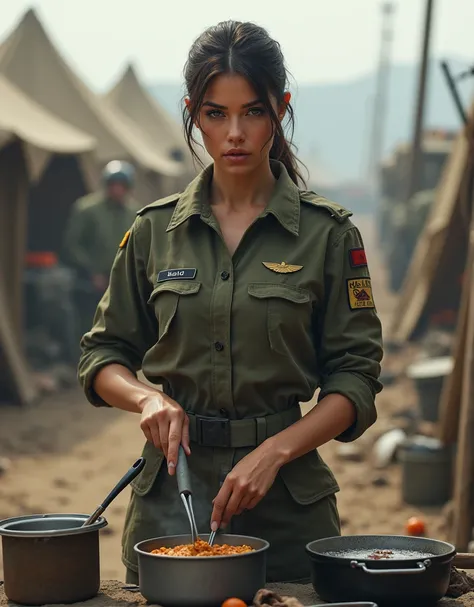 (Photorealism:1.2), beautiful woman, Female soldier cooking food, Combat Uniform