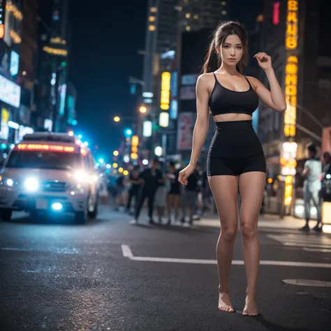 1 female, whole body, Standing posture, 回し蹴り, Tank top, short yoga pants, Beautifully drawn all the way to the toes, Lift your legs, bionde, ponytail, Eye contact with viewers, Manhattan at night, moon, Beautiful Face, highly Realistic skin texture, Highly...