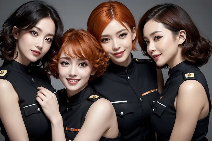 three sexy women in police uniforms, looking at camera, cute smiles, happy opened mouths, goth eye makeup, close up faces portrait, short curly orange hair, view from below