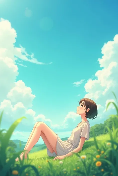 A girl sitting under sunny sky , sky only have whit clouds 