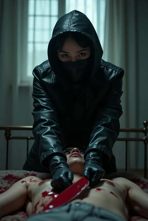 korean girl, (behind stiff, holding knife), stabbing, leather balaclava mask, black gloves, bloody room, black raincoat, bloody knife, black gloves, woman on top, behind cadaver, blood splatter, on the bed, looking at viewer, mass murderer, killer, blood s...