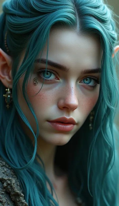 a blue-eyed elf woman with lots of hair and piercings, elf girl, female elf, portrait of an elf, elven, hyperrealistic fantasy art, a portrait of an elf, detailed matte fantasy portrait, detailed fantasy digital art, beautiful forest elf, Focused Elf, fant...