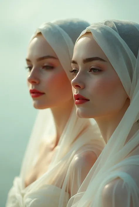 Two heavenly women with completely white and transparent faces without spots, smiling faces with red lips and headscarves, be together.