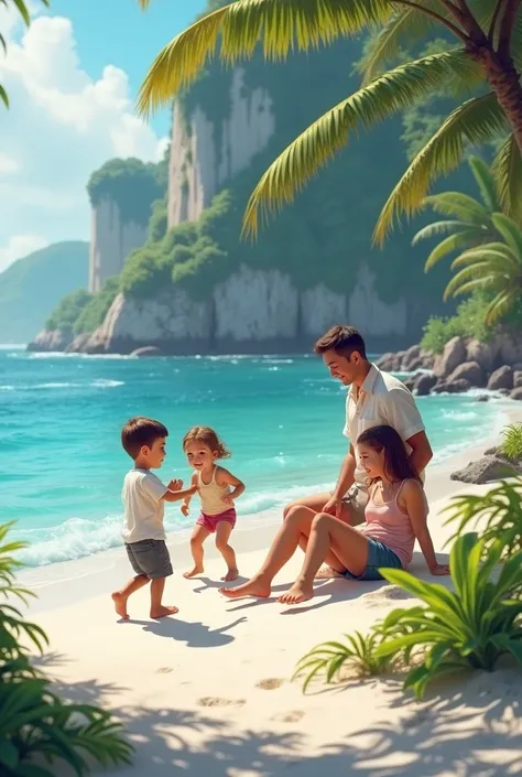 Creat a realistic image a boy stay on a beautiful natureal beach with her sister and mother and farther 