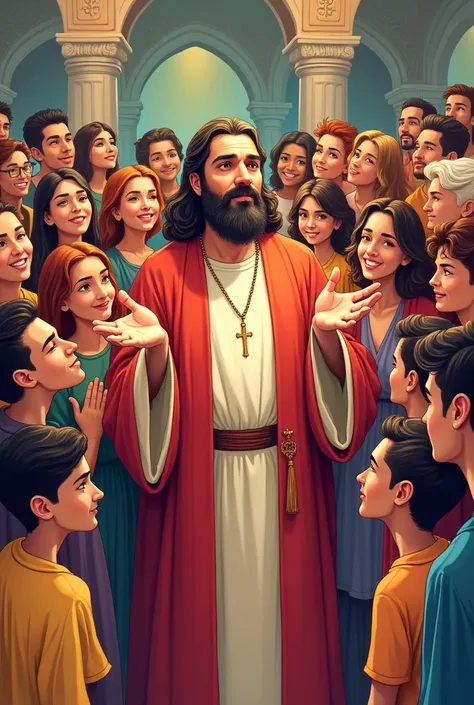 Create for me an image of St. Augustine of Hippo with young people, men and women around, with cartoon style 