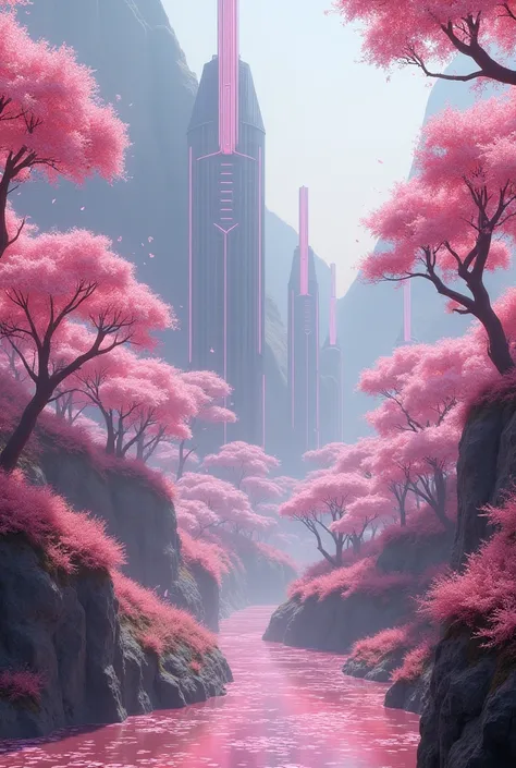 A vast and futuristic kingdom of the Sakurianas set in 3000 d.C. in China. The kingdom is situated within a sprawling, ultra-modern forest of Sakura trees, where petals fall continuously, enhanced by advanced technology to create a mesmerizing, otherworldl...