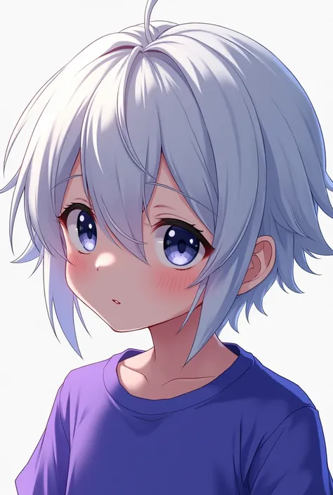 create A boy character with white hairs hairs and purple blue t shirt Anime  and he looking to me with black eye