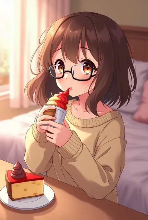 Anime cute gamer girl brown hair, brown eyes wearing glasses eating gelato seductively in her bed wearing a comfy sweater with cheesecake