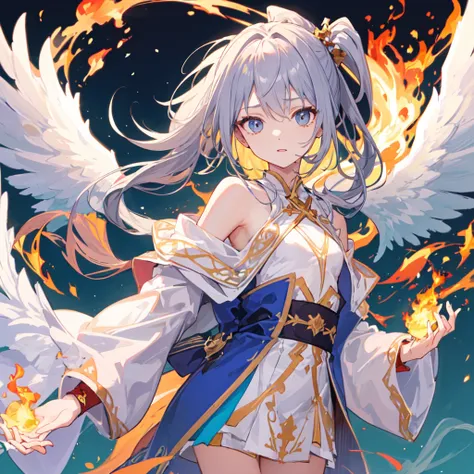 ((Highest quality))(((One person)))(Anatomically correct)(long side ponytail 1.4)(detailed),Turned this way, Angelic,Wrapped in flames((Small breasts))(Young)((Large wings))((A wizard&#39;s robe that exposes little skin))((Long blonde hair))((Holding a spe...