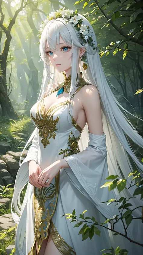 "Create a digital anime style illustration of a beautiful forest goddess。, Flowing white hair. She should wear a detailed all-over white dress decorated with leaf and floral patterns., Perfect for a fantasy theme. The dress design should not expose too muc...