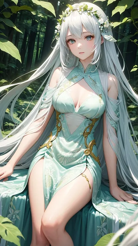 "Create a digital anime style illustration of a beautiful forest goddess。, Flowing white hair. She should wear a detailed all-over white dress decorated with leaf and floral patterns., Perfect for a fantasy theme. The dress design should not expose too muc...