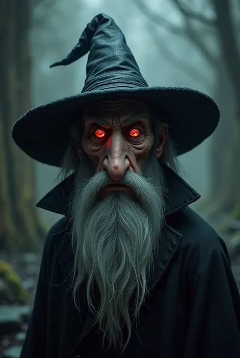 Wizard with a big pointy nose and a wart on it And with a wizard hat and scary red eyes, wrinkled face 

